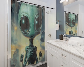 Alien Adventures Shower Curtain | Space UFO Bathroom Decor, Bathroom Essential, Gift for Couples, Home Accessory, Christmas Gift Idea