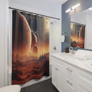 May include: A shower curtain depicting a fantasy landscape with planets, rings, and a city silhouette. The colour scheme features orange, brown, and gold tones, creating a cosmic theme. The curtain is designed for a standard bathtub.