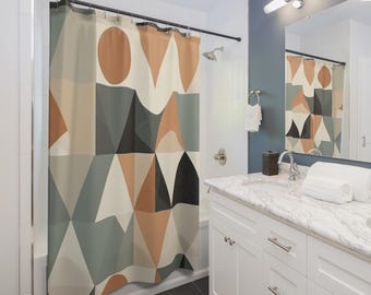 Neutral Geometric Form Shower Curtain | Retro Shapes, Earth Tones, Gift for Couples, Home Accessories, Cozy Vibes, Christmas Gift Idea