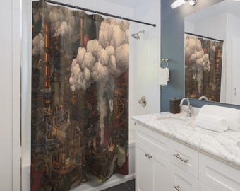 Steampunk Clockwork Town Shower Curtain | Industrial Fantasy Bathroom, Gift for Couples, Home Accessories, Cozy Vibes, Christmas Gift Idea