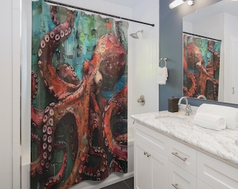 Octopus Shower Curtain | Underwater Sea Life Bathroom Decor, Gift for Couples, Home Accessories, Cozy Vibes, Christmas Gift Idea