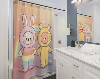 Cortina de ducha Rainbow Kawaii Friends / Decoración de baño estilo kawaii, regalo para parejas, accesorios para el hogar, ambiente acogedor, idea de regalo de Navidad