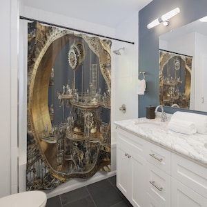 May include: Steampunk-themed shower curtain featuring a complex, detailed design of gears, platforms, and figures in shades of gold and bronze. The curtain has a dark blue background and is set in a modern bathroom with white fixtures and a marble countertop.