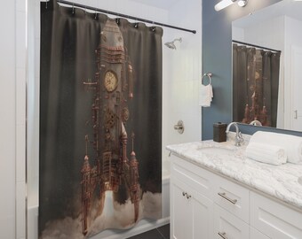 Steam Gear Launch Shower Curtain | Vintage Rocketship Bathroom Curtain, Gift for Couples, Home Accessories, Cozy Vibes, Christmas Gift Idea