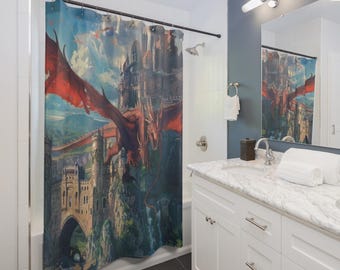 Dragon Kingdom Shower Curtain | Fantasy Castle Dragon Bath Decor, Gift for Couples, Home Accessories, Cozy Vibes, Christmas Gift Idea