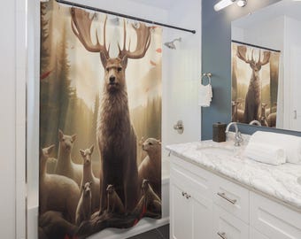 Canada Animals Shower Curtain | Woodland Deer Forest Scene, Gift for Couples, Home Accessories, Cozy Vibes, Christmas Gift Idea