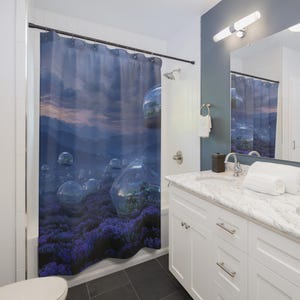 May include: A shower curtain featuring a surreal landscape with floating transparent orbs. The scene includes a field of purple flowers, mountains, and a cloudy sky. The orbs appear to contain miniature landscapes.