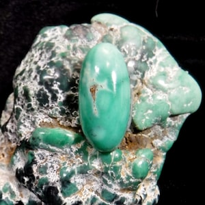May include: A smooth, oval-shaped green gemstone with a light green hue and white veins. The gemstone is set against a rough, green and white background.