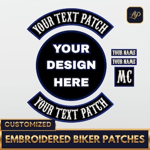 May include: Custom embroidered biker patches with a blue and black color scheme. The design includes a large circular patch with space for a custom design, two arched patches for text, and smaller patches for names and initials.