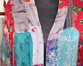 Vintage Young Threads Patchwork Jacket | Boho Open Front Cardigan | Small | 90s