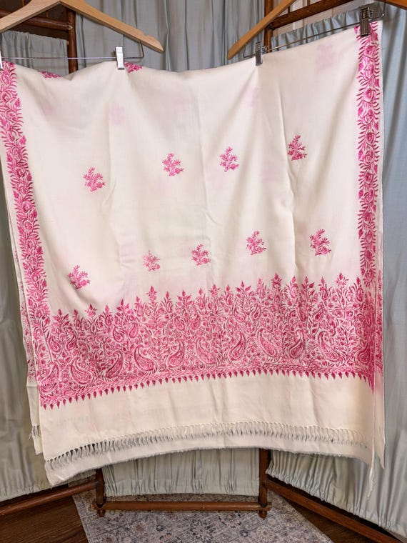 Vintage Embroidered Textile: Pink Floral Shawl, Scarf, Table Runner – Cottagecore Wrap
