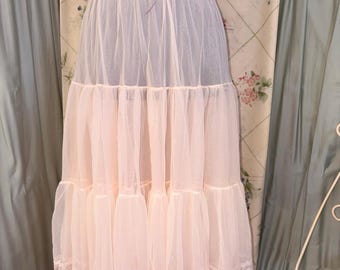 Vintage Gilead Pink Half Slip Sheer Tiered Lace Trim Petticoat Cottagecore Midi Slip Skirt
