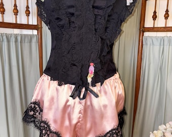 Y2K Lace Corset & Satin Shorts Set Black Pink Lingerie Set Romantic Coquette Size S/M
