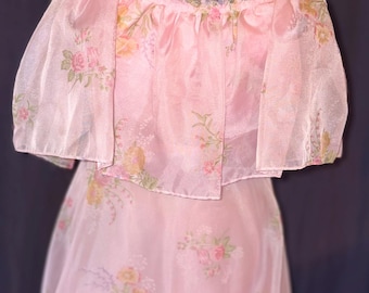 Vintage 1970s Pink Floral Chiffon Maxi Dress | Romantic Ruffle Gown | Size 4