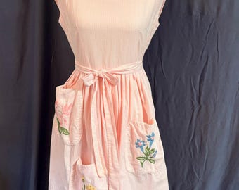 Vintage Swirl Dress Pink Seersucker Apron Dress with Embroidered Pockets - RARE FIND!