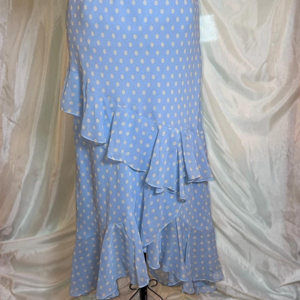 Vintage Ralph Lauren Polka Dot Skirt | Light Blue Ruffle Midi, Size 4