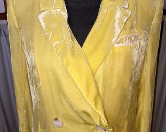 Free People Chartreuse Velvet Blazer XS Green Double Breasted Shoulder Pad Jacket