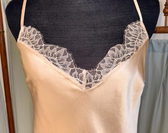 Vintage Victoria’s Secret Champagne Satin Slip Dress Medium Y2K Lace Lingerie Mini Nightgown