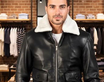Men's Black Leather Bomber Jacket with White Fur Collar | Real Sheepskin Aviator Coat