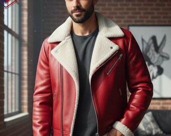 Chaqueta de motociclista de piel sintética roja retro, ropa de abrigo de invierno cálida para hombre