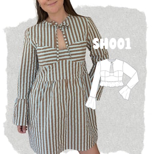 Peut inclure: Une robe à rayures verticales marron et bleu clair, dotée de manches longues à poignets évasés et d'une encolure en trou de serrure avec un lien. L'image contient le texte SH001 et un dessin au trait noir et blanc du modèle.
