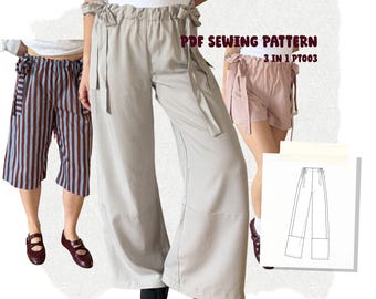 Women 3 in 1 Pants Sewing Pattern | Wide Leg Tie Waist Pants, Shorts & Bermuda | Beginner PDF Pattern XS-4XL | Women's tie-waist pants