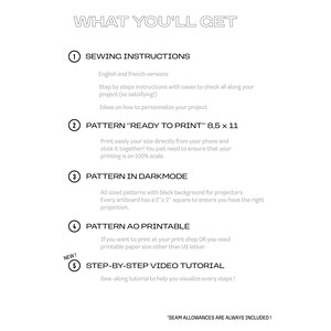 K&ouml;nnte beinhalten: Wei&szlig;es Grafikdesign mit dem Text &bdquo;WHAT YOU'LL GET&ldquo; und nummerierten Punkten, die N&auml;hhinweise, druckfertige Muster, Darkmode-Muster, AO-druckbare Muster und ein Schritt-f&uuml;r-Schritt-Video-Tutorial detailliert beschreiben. Der Text erw&auml;hnt auch Nahtzugaben.