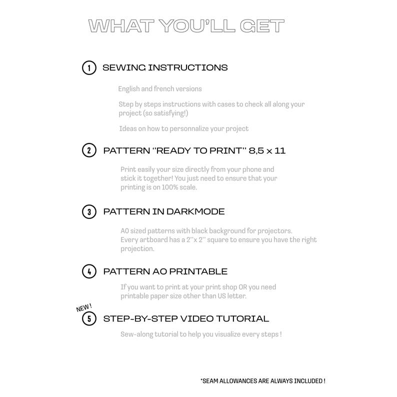 K&ouml;nnte beinhalten: Wei&szlig;es Grafikdesign mit dem Text &bdquo;WHAT YOU'LL GET&ldquo; und nummerierten Punkten, die N&auml;hhinweise, druckfertige Muster, Darkmode-Muster, AO-druckbare Muster und ein Schritt-f&uuml;r-Schritt-Video-Tutorial detailliert beschreiben. Der Text erw&auml;hnt auch Nahtzugaben.
