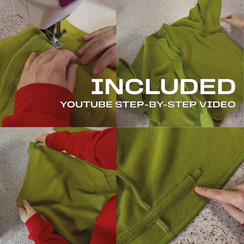 K&ouml;nnte beinhalten: Ein viergeteiltes Bild, das den Prozess des N&auml;hens eines gr&uuml;nen Fleece-Kleidungsst&uuml;cks zeigt. Der Text "INCLUDED" und "YOUTUBE STEP-BY-STEP VIDEO" werden angezeigt. H&auml;nde n&auml;hen den Stoff mit einer N&auml;hmaschine und bearbeiten das Kleidungsst&uuml;ck.