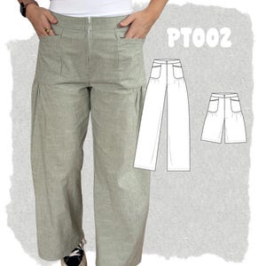 May include: Sage green and white pinstriped trousers featuring a high waistband, a centre front zip, and two large patch pockets at the hips. The image includes the text PT002 and a black and white line drawing showing long and short trouser variations.