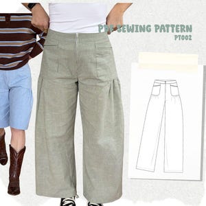May include: Light green corduroy wide-leg trousers with a zip fly and front pockets. The image also shows light blue shorts, a brown and tan striped long-sleeved top, and a sewing pattern with the text "PDF SEWING PATTERN PT002."