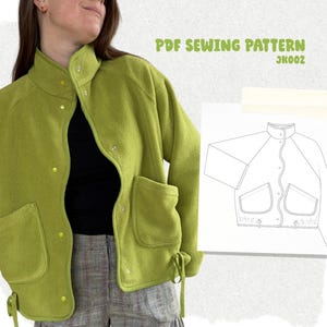 May include: A bright green fleece jacket with large front pockets and snap fastenings. The jacket features a high collar and drawstrings at the hem. The image also includes a line drawing of the jacket and the text "PDF SEWING PATTERN JK002".