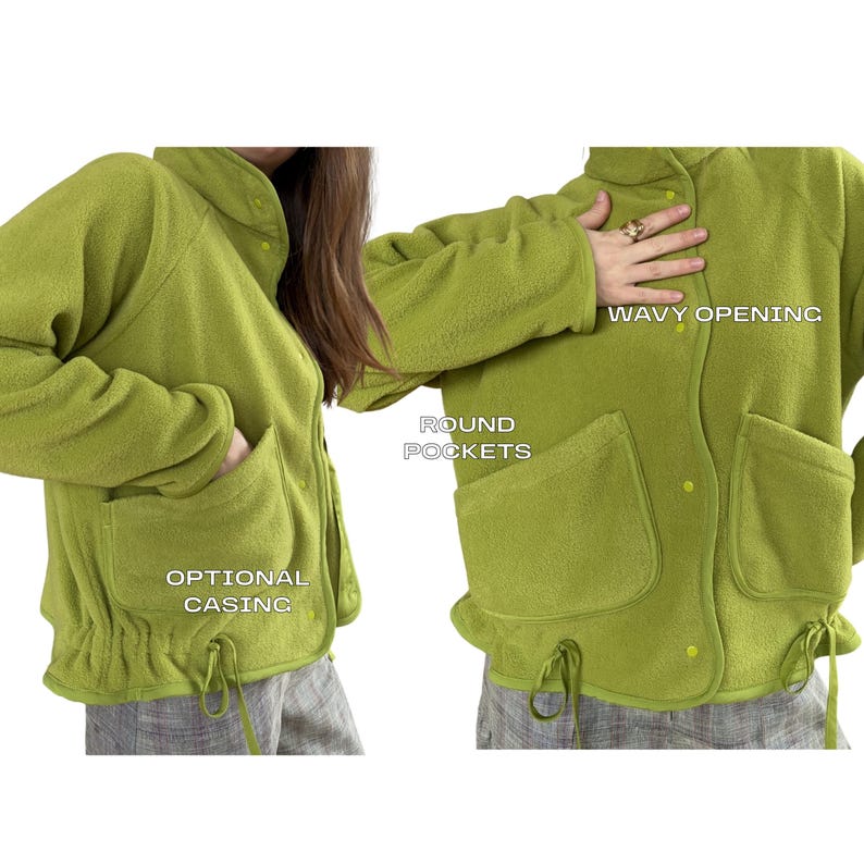 K&ouml;nnte beinhalten: Hellgr&uuml;ne Fleecejacke mit runden Taschen, einem wellenf&ouml;rmigen Ausschnitt und einem optionalen Bund am Bund. Die Jacke hat eine Knopfleiste vorne und lange &Auml;rmel. Die Jacke ist aus einem weichen, strukturierten Material gefertigt.