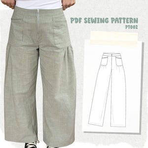 May include: Wide-leg, vertically striped pants with a zipper closure and front pockets. The pants are a light green color and are paired with a white top. A PDF sewing pattern is displayed on the right side of the image.