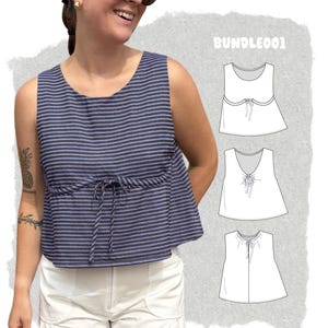 Peut inclure: Un haut sans manches à rayures horizontales bleu clair et marron foncé, doté d'une encolure arrondie et d'un cordon de serrage à la taille. À droite, trois croquis techniques en ligne blanche étiquetés BUNDLE001 montrent des variantes du haut.