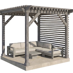 May include: A gray wooden pergola with a slatted side panel and a built-in sectional sofa with light-colored cushions. A matching square coffee table sits in front of the sofa. The structure is set on a concrete base.