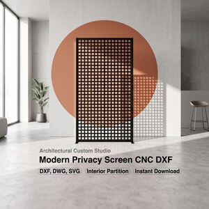 May include: A black metal privacy screen featuring a repeating square grid pattern. The text on the image reads: Architectural Custom Studio, Modern Privacy Screen CNC DXF, DXF, DWG, SVG, Interior Partition, Instant Download.