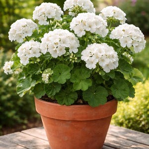 May include: A potted geranium plant with clusters of white flowers and green leaves. The plant is in a terracotta pot, sitting on a wooden table. The background is a blurred view of a garden.
