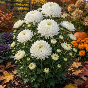 May include: A vibrant bush of white chrysanthemum flowers in full bloom. The flowers have a layered, pompom-like appearance with green centers. The plant is surrounded by green foliage and sits in a garden setting with fall colors.