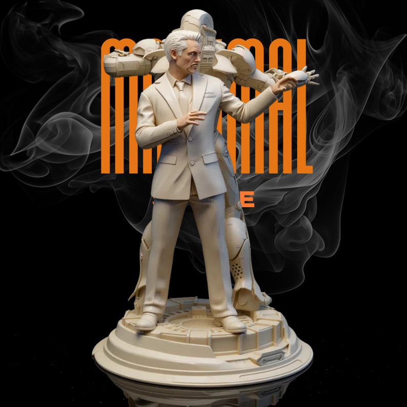 May include: A cream-colored statue of a man in a suit standing in front of a robotic figure. The statue is on a circular base with a detailed design. The background is black with orange text and white smoke-like shapes.
