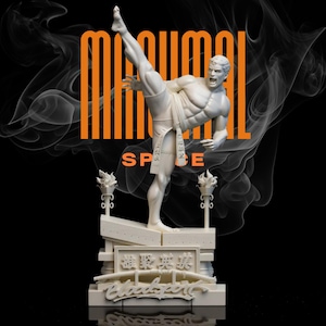 May include: A white martial arts statue in a dynamic pose, with one leg raised high. The statue is on a base with text and decorative elements. The background is black with orange text and a smoky effect.