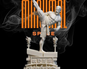 May include: A white martial arts statue in a dynamic pose, with one leg raised high. The statue is on a base with text and decorative elements. The background is black with orange text and a smoky effect.