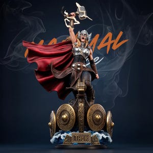 May include: A detailed statue of Thor, a female warrior, holding a hammer aloft. She wears silver armor, a red cape, and a helmet. The base features shields and the name "Thor". The background is dark with orange text.