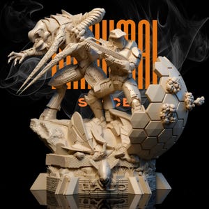 May include: A beige sculpture of a futuristic battle scene. A soldier in armour aims a weapon at a creature with sharp claws and a segmented body. The sculpture includes the text "ANIMAL SPACE".