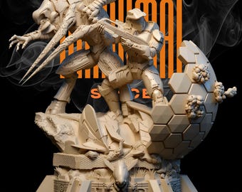 May include: A detailed beige sculpture depicting a futuristic battle scene. A soldier in armor is aiming a weapon at a creature with sharp claws and a segmented body. The sculpture includes the text "ANIMAL SPACE".