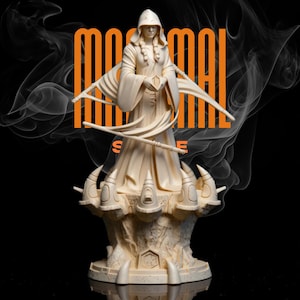 May include: A cream-colored statue of a robed figure with a hood, holding a staff and a small object. The statue is on a detailed base with sharp, claw-like protrusions. The background is black with orange text and white smoke.