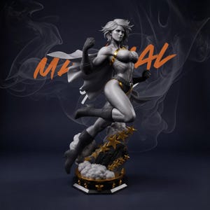 May include: A grayscale statue of a female superhero in a dynamic pose, with a flowing cape and boots. The statue is on a base with gold stars and the word "MAGICAL" in orange. The figure is muscular and wearing a form-fitting outfit.