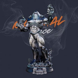 May include: A detailed statue of a muscular, metallic figure with a helmet and cables, holding two ornate objects. The figure stands on a base with flames, with the word "FORCE" visible in orange. The statue has a futuristic, powerful aesthetic.