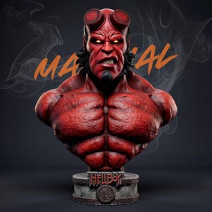 May include: A red Hellboy bust with a detailed muscular torso, horns, and a stern expression. The bust sits on a pedestal with the word "HELLBOY" and a symbol. The word "MANUAL" is written in orange across the image.
