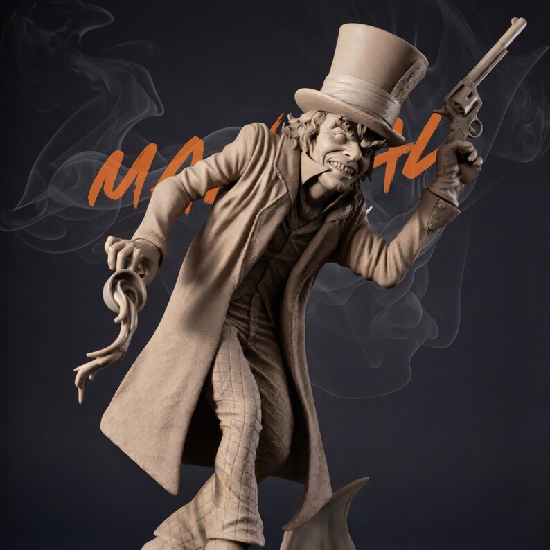 May include: A detailed sculpture of a menacing figure in a long coat and top hat, holding a revolver and a twisted object. The figure has a sinister grin and is posed dynamically. The word "MAN" is written in orange across the background.